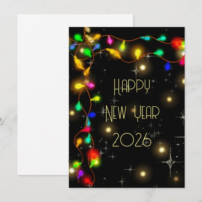 Tarjeta Festiva Feliz año nuevo 2026, estrellas y áreas de ilumina (Anverso / Reverso)