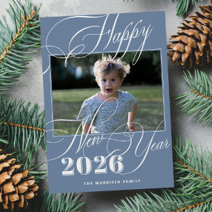 Tarjeta Festiva Feliz Año Nuevo 2026 tipografía script azul foto