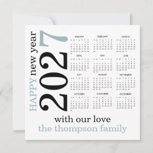 Tarjeta Festiva Feliz Año Nuevo 2027 Calendario Azul Blanco
