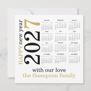 Tarjeta Festiva Feliz Año Nuevo 2027 Calendario Blanco Dorado