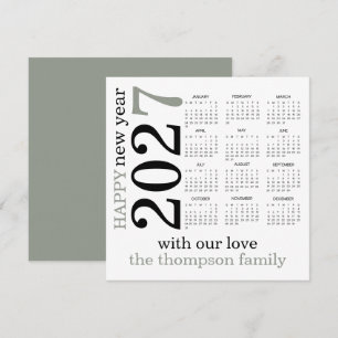 Tarjeta Festiva Feliz Año Nuevo 2027 Calendario Blanco Sage