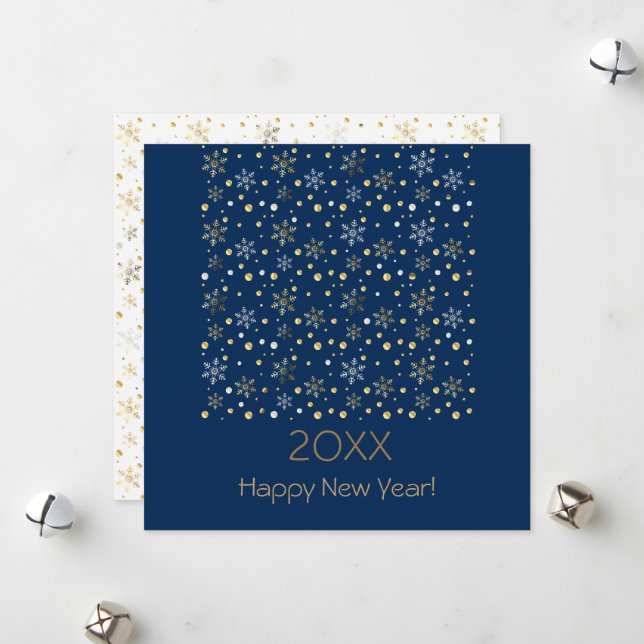 Tarjeta Festiva Feliz Año Nuevo 20XX & Decoración Navideña Dorada (Anverso/Reverso In Situ)