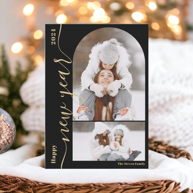 Tarjeta Festiva Feliz Año Nuevo 3 foto Arco de escritura moderna o (Happy New Year 3 photo arch modern script gold Holiday Card)
