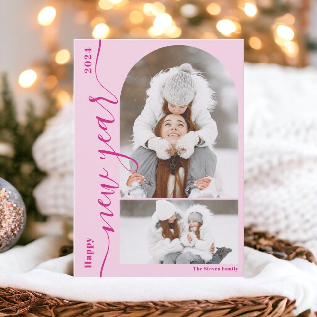Tarjeta Festiva Feliz Año Nuevo 3 foto arco moderno guión rosa cal (Happy New Year 3 photo arch modern script hot pink Holiday Card)