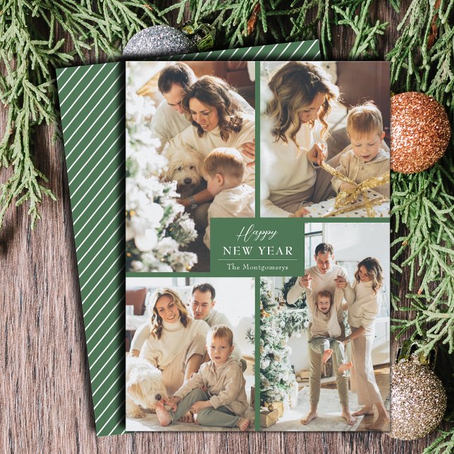 Tarjeta Festiva Feliz Año Nuevo 4 Collage de fotos (Happy New Year 4 Photo Collage Holiday Cards - Order INSTANT DOWNLOAD and/or PRINTED or both!)