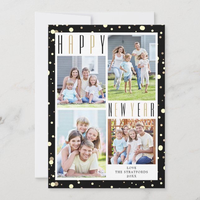 Tarjeta Festiva FELIZ AÑO NUEVO 4 Collages de fotos Confetti de or (Anverso)
