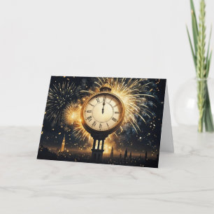 Tarjeta Festiva Feliz año nuevo a medianoche con fuegos artificial