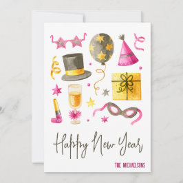 Tarjeta Festiva Feliz Año Nuevo Acuarela