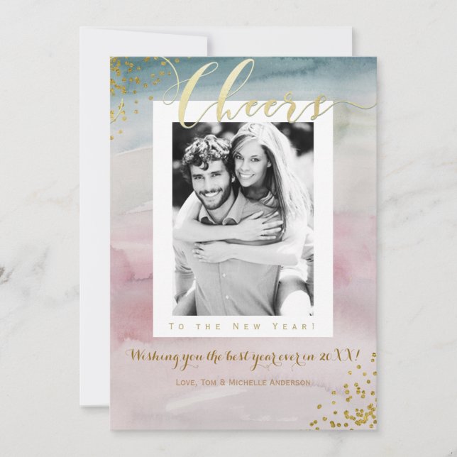 Tarjeta Festiva FELIZ AÑO NUEVO Acuarela Glam Foto (Anverso)