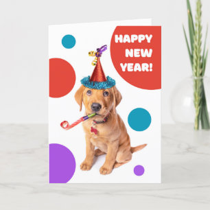 Tarjeta Festiva Feliz Año Nuevo Cachorro Labradores Rojo Lindo