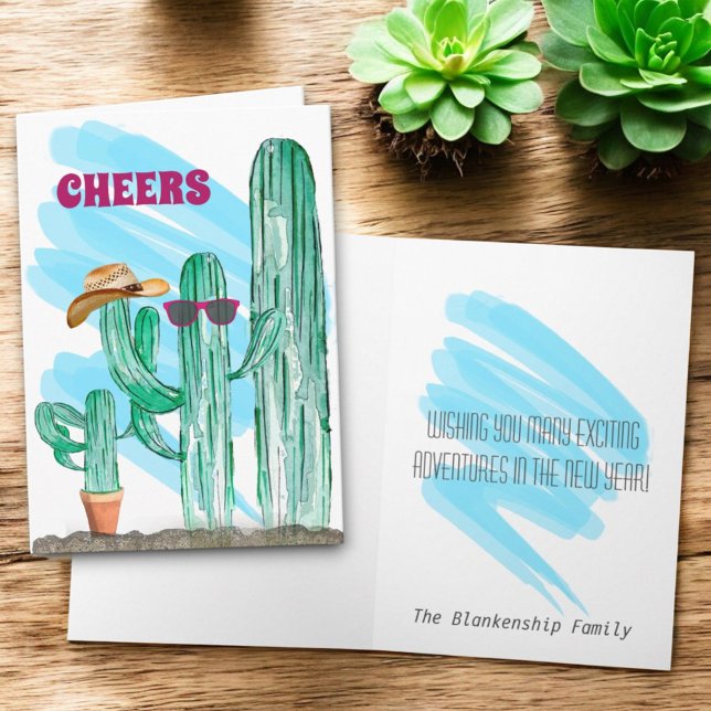 Tarjeta Festiva Feliz Año Nuevo Cactus Saguaro del Sudoeste (greeting card cactus template cover and inside)