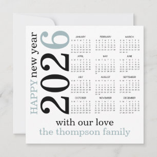 Tarjeta Festiva Feliz Año Nuevo Calendario Blanco Azul 2026