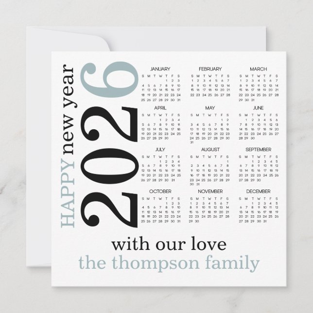 Tarjeta Festiva Feliz Año Nuevo Calendario Blanco Azul 2026 (Anverso)
