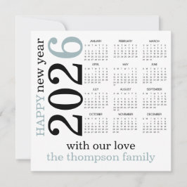Tarjeta Festiva Feliz Año Nuevo Calendario Blanco Azul 2026