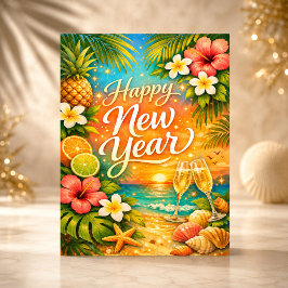 Tarjeta Festiva Feliz Año Nuevo Champán Atardecer Tropical