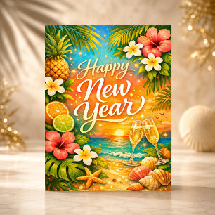 Tarjeta Festiva Feliz Año Nuevo Champán Atardecer Tropical