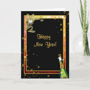 Tarjeta Festiva Feliz Año Nuevo, Champán, Reloj, Estrellas, Saludo
