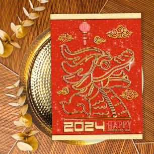 Tarjeta Festiva Feliz Año Nuevo Chino Rojo Dorado del Dragón 2024