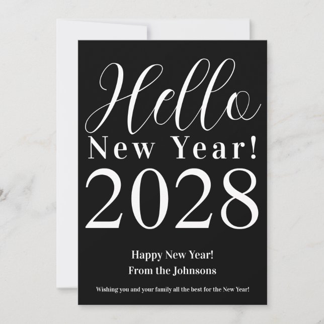 Tarjeta Festiva Feliz Año Nuevo Clásico Blanco y Negro (Anverso)