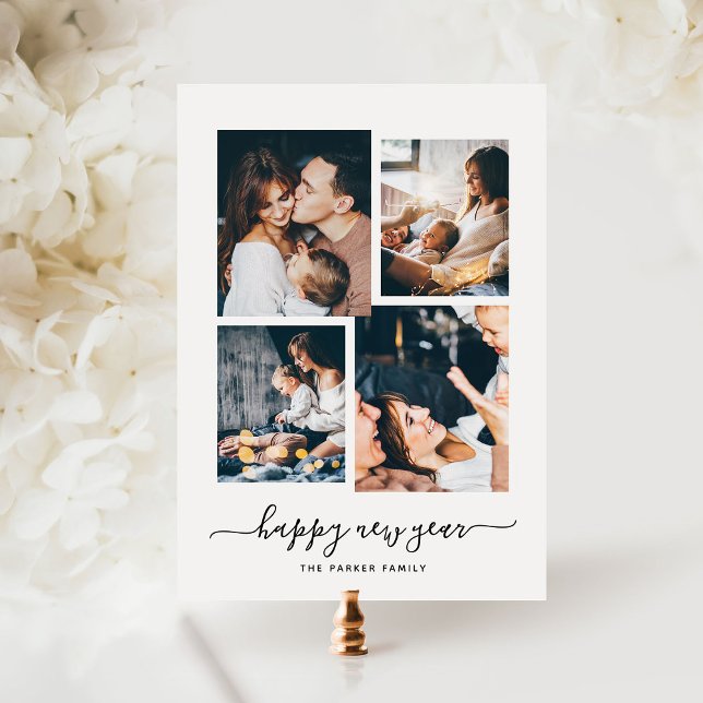 Tarjeta Festiva Feliz Año Nuevo | Collage Moderno de Cuatro Fotos (Subido por el creador)