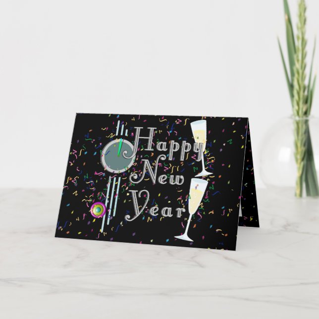 Tarjeta Festiva Feliz Año Nuevo con champagne y Confetti (Anverso)
