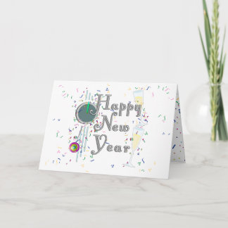 Tarjeta Festiva Feliz Año Nuevo con champagne y Confetti