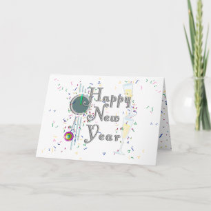 Tarjeta Festiva Feliz Año Nuevo con champagne y Confetti