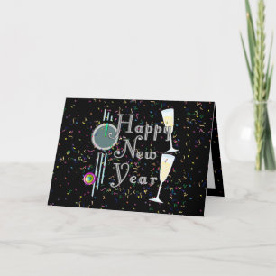 Tarjeta Festiva Feliz Año Nuevo con champagne y Confetti