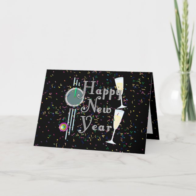 Tarjeta Festiva Feliz Año Nuevo con champagne y Confetti (Anverso)