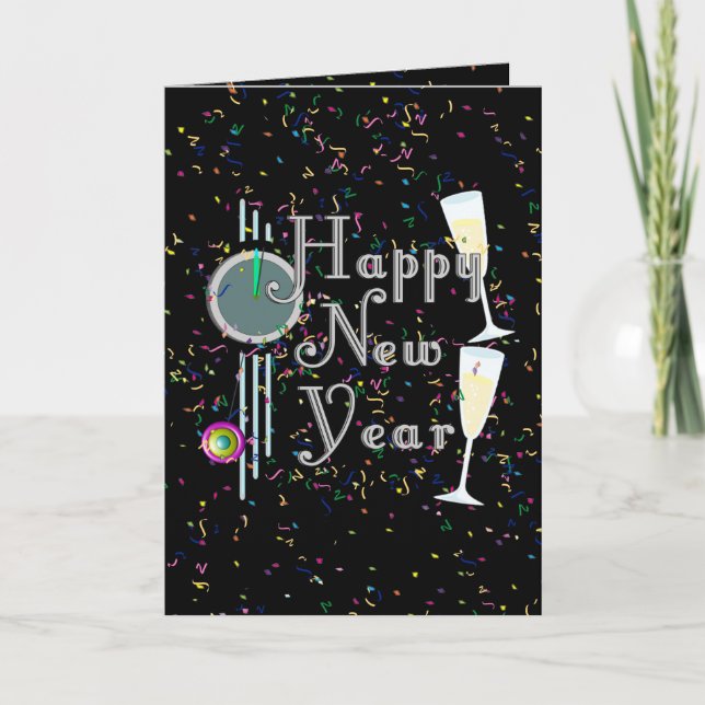 Tarjeta Festiva Feliz Año Nuevo con champagne y Confetti (Anverso)