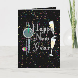 Tarjeta Festiva Feliz Año Nuevo con champagne y Confetti