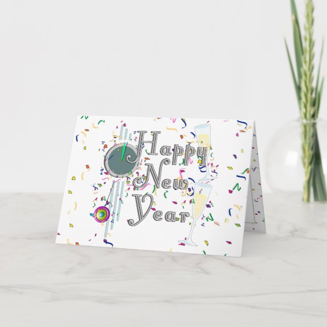Tarjeta Festiva Feliz Año Nuevo con champagne y Confetti (Anverso)