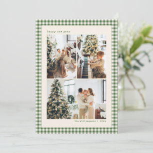 Tarjeta Festiva Feliz Año Nuevo con Foto Familiar de Cuadros Vichy