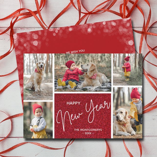 Tarjeta Festiva Feliz Año Nuevo con foto roja múltiple (Happy New Year on Red Multi Photo Holiday Cards)