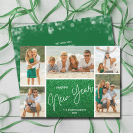 Tarjeta Festiva Feliz Año Nuevo con foto verde múltiple