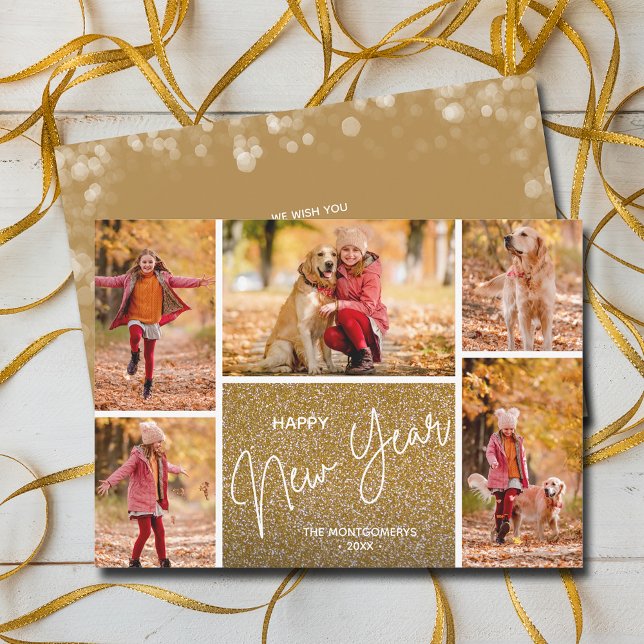 Tarjeta Festiva Feliz Año Nuevo con fotos múltiples de oro (Happy New Year on Gold Multi-Photo Holiday Cards)