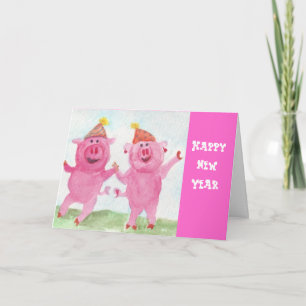 Tarjeta Festiva Feliz Año Nuevo con los cerdos de la fiesta