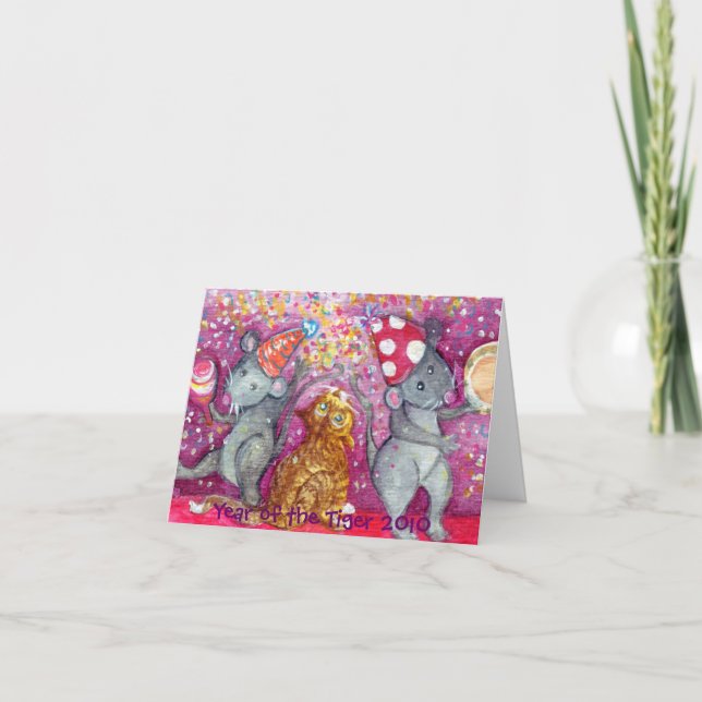 Tarjeta Festiva Feliz Año Nuevo con Ratas y un Gato (Anverso)