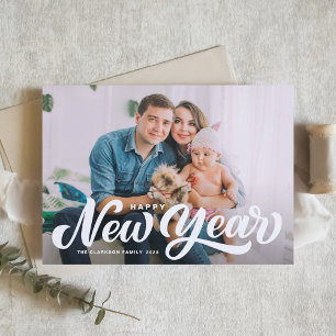 Tarjeta Festiva Feliz Año Nuevo con superposición de escritura ret