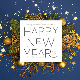 Tarjeta Festiva Feliz Año Nuevo con texto escrito a mano en gris