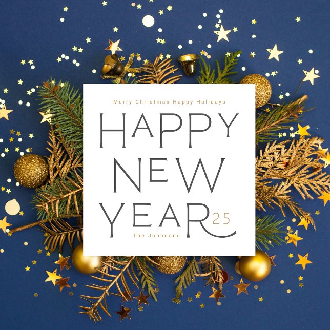 Tarjeta Festiva Feliz Año Nuevo con texto escrito a mano en gris (Subido por el creador)