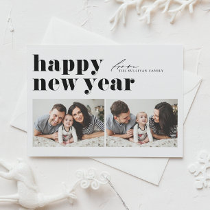 Tarjeta Festiva Feliz Año Nuevo con Tipografía Retro Negra Foto