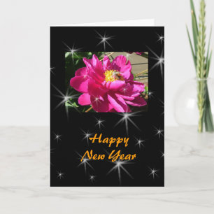 Tarjeta Festiva Feliz Año Nuevo con una flor de peones rosados