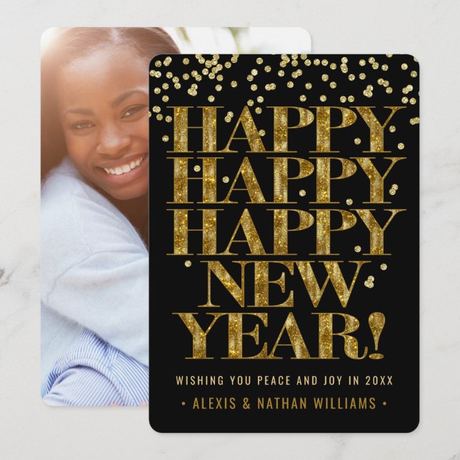 Tarjeta Festiva Feliz Año Nuevo | Confeti Dorado en Negrita 1 Foto (Anverso / Reverso)