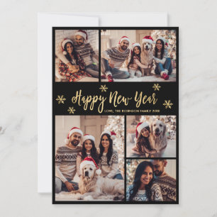 Tarjeta Festiva Feliz Año Nuevo Copo de Nieve Negro Dorado Collage