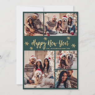 Tarjeta Festiva Feliz Año Nuevo Copo de Nieve Verde Dorado Colaje