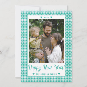 Tarjeta Festiva Feliz Año Nuevo Corazón Verde Gingham Plaid Photo