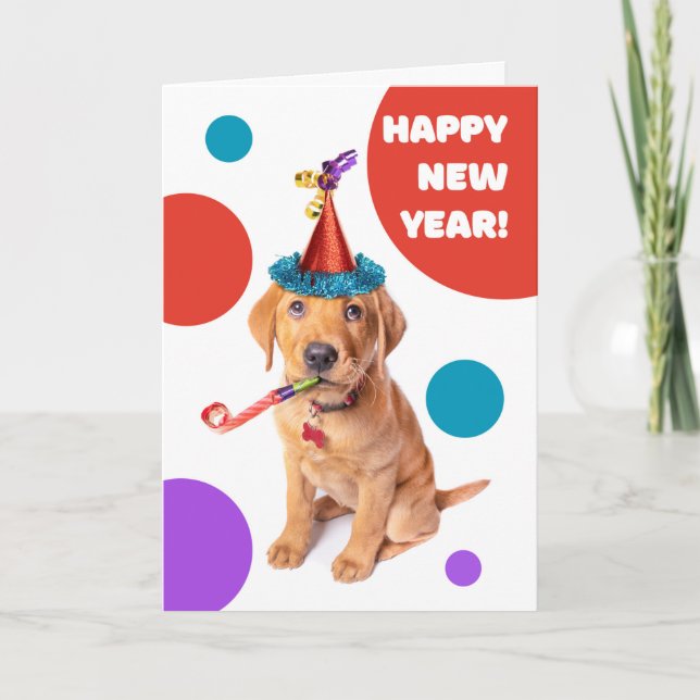 Tarjeta Festiva Feliz Año Nuevo Cupo Red Fox Labrador Puppy (Anverso)