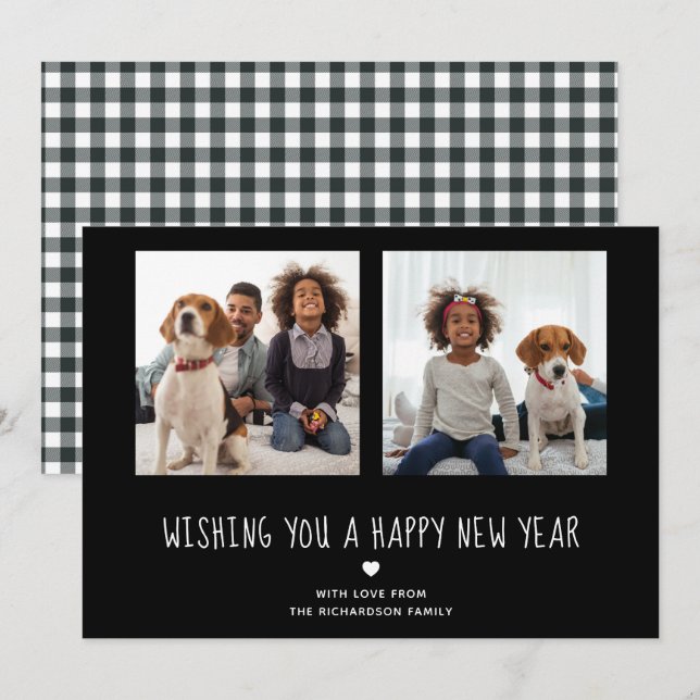 Tarjeta Festiva Feliz Año Nuevo | Cute negro dos fotos (Anverso / Reverso)