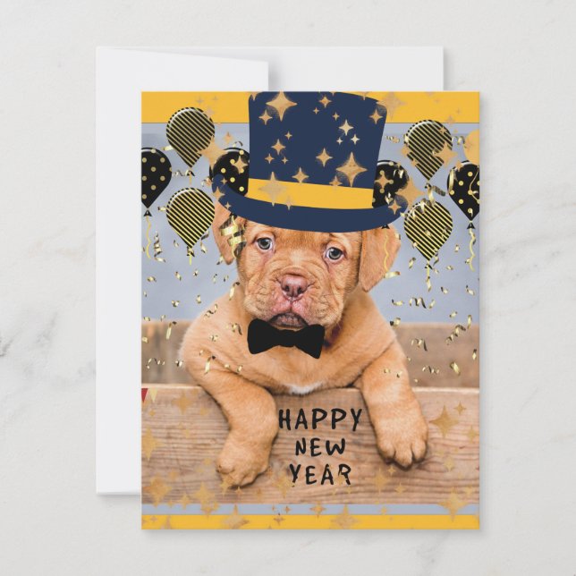 Tarjeta Festiva Feliz Año Nuevo de Dogue de Bordeaux (Anverso)